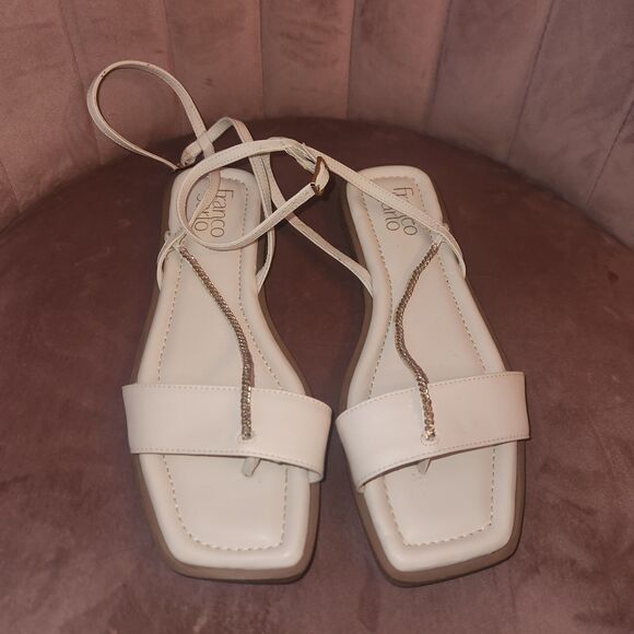 Franco Sarto Sandals Mela Bone Chain Detail Ankle Strap Toe Flats 9 Cream Summer - Picture 5 of 5